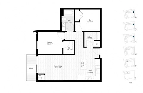 Floor plan for 1 bed, 1 bath, 926 sqft